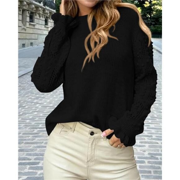 Fall Sweaters for Women 2025 Crew Neck Long Sleeve Hollow Out Swiss Dot - Picture 6 of 7